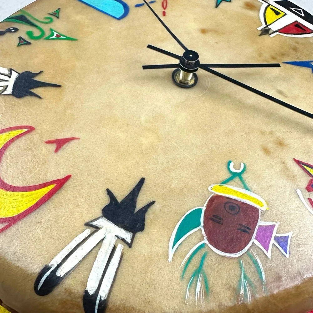 VTG Native American Clock Drum Cow Hyde Wood Symbols - WORKS‎ Artist 